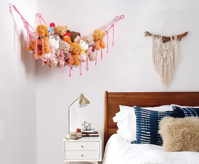 YKBU Stuffed Animals Hammock Corner Hanging Net with Tassel Macrame Stuffed Animal Storage Plush Toy Holder Toy Organizer for Boho Nursery Playroom Bedroom Kids Room (pink, large)