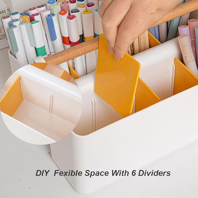 Art Caddy Organizer with Handle, Marker Organizer, Art Supply Storage Organizer with Adjustable Dividers, Portable Storage Bin for Craft Supplies Colored Pencils Makeups Tools Pen Holder for Desk