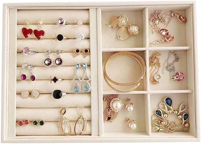 Premium Grade Beige Velvet Jewelry Organization Trays Rings and Accessory Stacklabe Organizer Drawer Insert Closet Divider Table Top