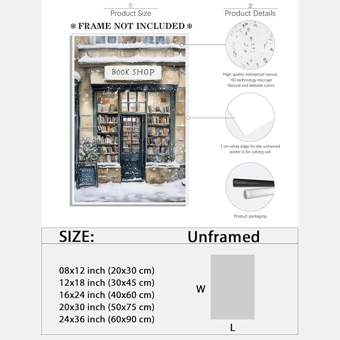 Winter Snowy Bookshop Art Aesthetic Poster Canvas Wall Art Decoration Living Room Home Decor Bedroom Decoration Poster Unframed12x18inch