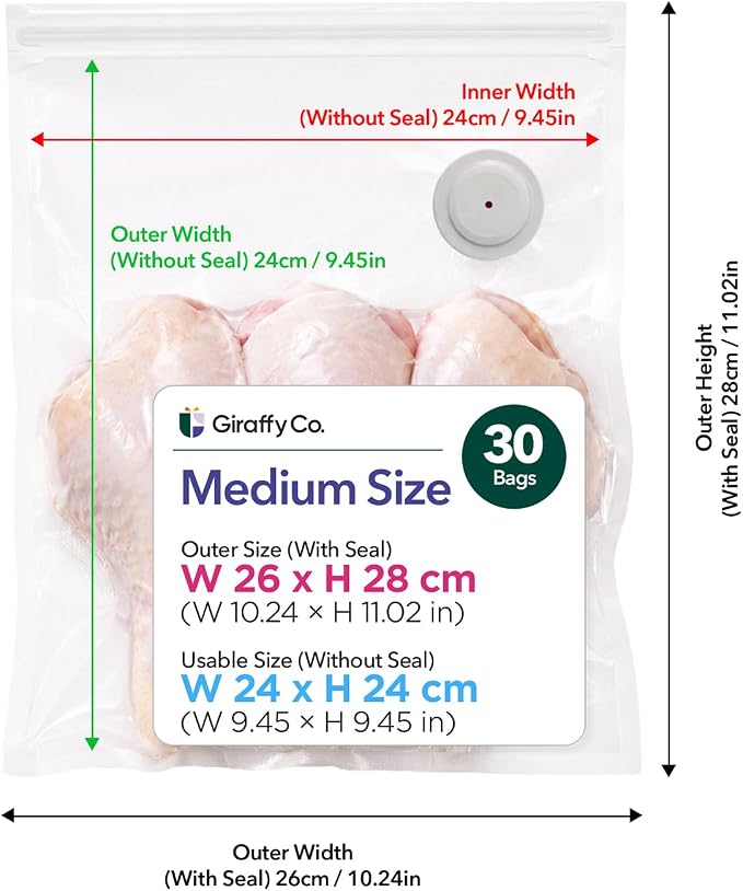 GIRAFFYCO 30 Medium Reusable Vacuum Sealer Bags, 10 x 11 in, Airtight Food | BPA-Free Airtight Bags with Detachable Valve for Handheld Vacuum Sealer, Freezer, Fridge, Meal Prep & Leftovers