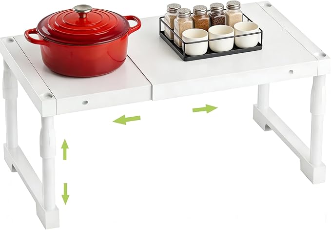Expandable Cabinet Shelf Organizer，Adjustable Kitchen Counter Shelf,Multi-Functional Stackable Kitchen Pantry Counter Storage，Applicable to Kitchen Bathroom Cabinet Shelves White 1 Pack