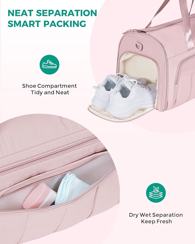 WANDF Convertible Garment Bags for Travel with Wet Pocket Carry on Garment Duffle Bag 2 in 1 Puffy Hanging Clothes Travel Bags with Shoe Compartment for Airplanes Business Weekend Gym Wedding (Pink)