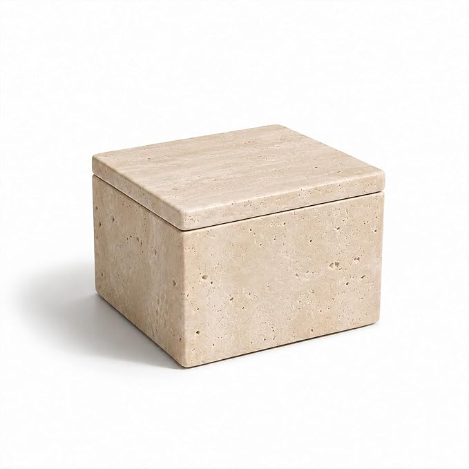 Natural Travertine Square Box with Lid | Natural travertine square box for cotton rounds, balls, jewelry and dry small bathroom items.