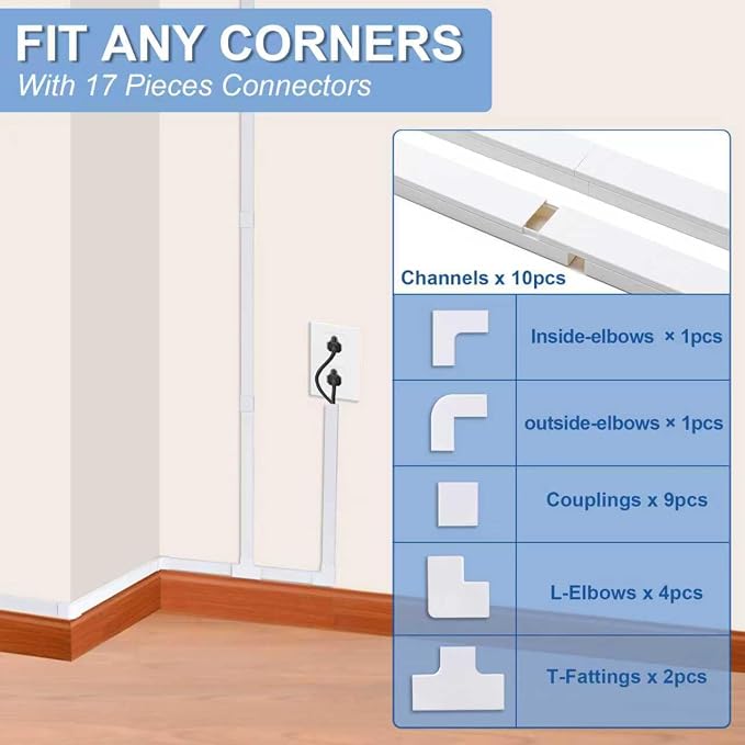 157in Cord Hider Kit, Cord Covers for Wires on Wall, Cable Hider Cord Organizer, Wire Hiders for TV on Wall, Cord Concealer, Cable Cover Wall Wire Management, 10X L15.7 W0.96 H0.58in, White