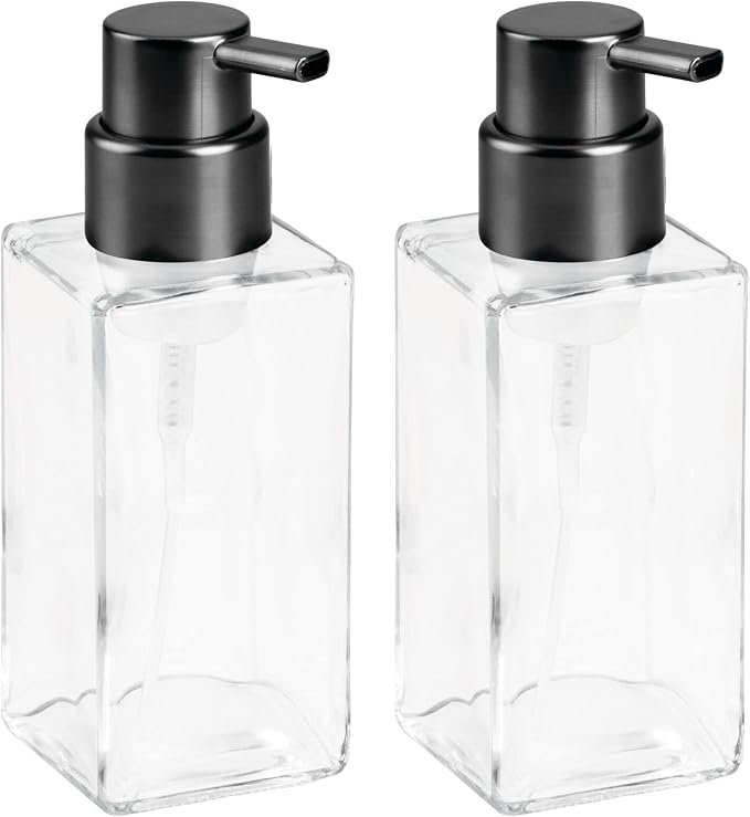 mDesign Glass Refillable Foaming Hand Soap Dispenser Modern Square Pump Bottle for Bathroom Vanities or Kitchen Sink, Countertops - 2 Pack - Clear/Black