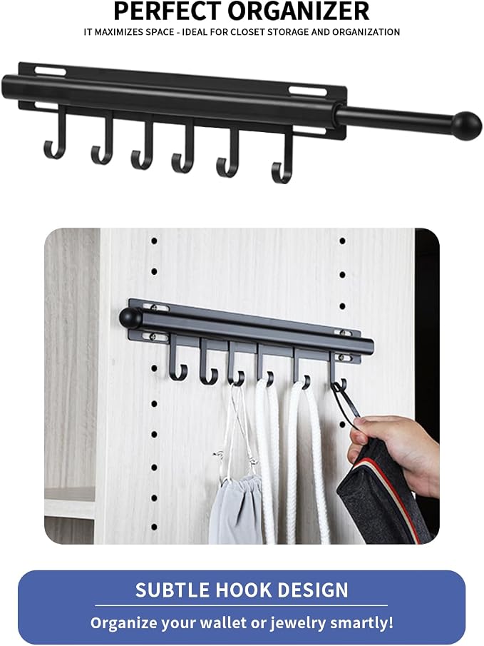 BaiNong Valet Rod for Closets Pull Out 16.5" Black with 6 Hooks | Closet Valet Rod Slide Out for Closets, Laundry Rooms, RVs Space-Saving