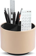 Round Leather Art Supply Organizer,Remote Control Holder,360 Degree Spinning,Multi-Functional Pencil Holder,4 Compartments Desktop Stationary Organizer(1-Oil Apricot)