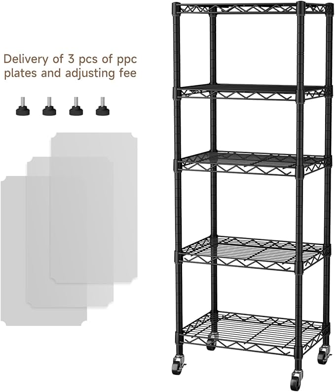 Golpart Small Shelves Storage Wire Metal Adjustable Shelf Unit with Wheels | 5 tier Shelving Organizers Storage Shelving for Bathroom Laundry Room Kitchen Pantry 11.7”D x 17.7”W x 57.2”H Black