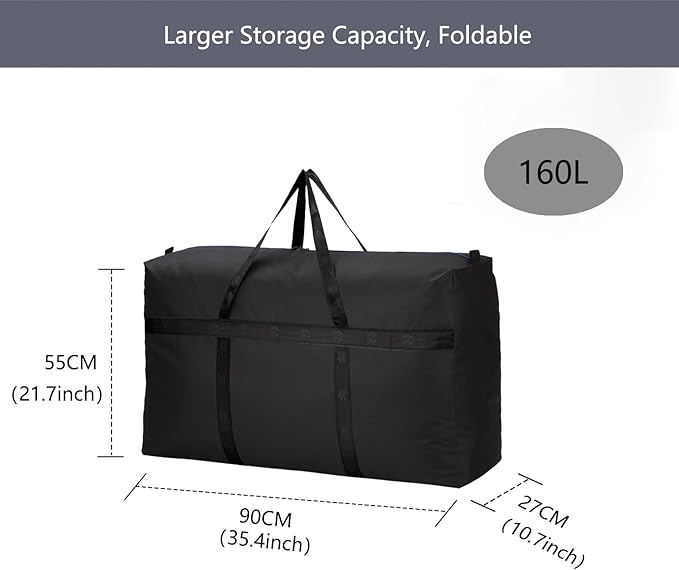 160L Extra Large Moving Bags with Strong Zippers & Carrying Handles, Storage Bags Storage Totes for Clothes, Moving Supplies, Space Saving Storage Bag Organizer for Moving, Traveling (Black-160L)