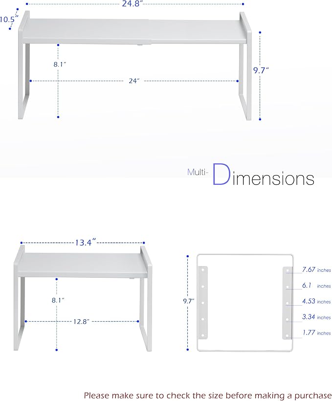 Nxconsu Expandable Cabinet Shelf Organizer Riser, 10.5" 1 Pack White | Heavy-Duty Steel Expandable Shelf Holds 50 lb, 5-Level Stackable Riser for Kitchen Cabinet Cupboard Pantry Counter Under Sink