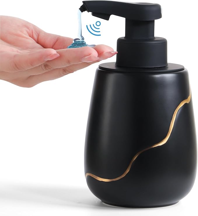 BosilunLife Ceramic Touchless Soap Dispenser Rechargeable Black 17 oz | Black Ceramic Touchless Soap Dispenser Infrared Sensor 0.25s Auto Pump USB-C Rechargeable 1800mAh 17 oz Wide-Mouth Refill