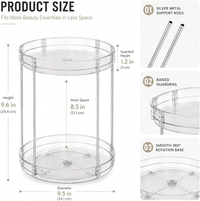 360° Rotating Bathroom Counter Organizer, 2 Tier Clear Makeup Organizer Vanity Storage for Skincare Perfume Cosmetics, Lazy Susan Spinning Storage for Bathroom Vanity Kitchen