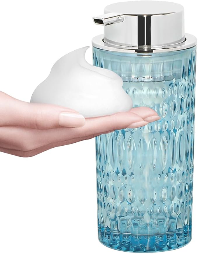 Foam Soap Dispenser, Glass Foaming Hand Soap Dispenser with Pump, 14 Oz Bathroom Refillable Liquid Lotion Pump Bottle Container for Kitchen Countertop Decor (1, Blue Silver)
