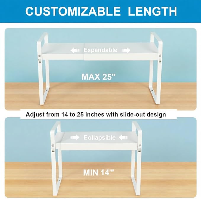 11" Deep Expandable Cabinet Organizer Shelf Riser, 14-25" Adjustable Heavy Duty Metal Pantry Storage Rack for Kitchen Cupboard, Under Sink & Countertop, 10" High Space Saver, 2-Pack White