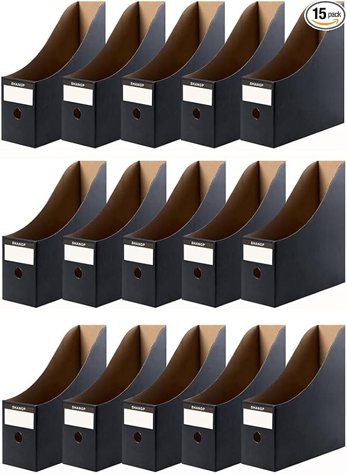 Foldable Desk File Holder Organizer Sturdy Cardboard Magazine Storage Box Document Rack with Blank Label Stickers for Home School Office (15, Matte Black)