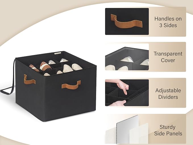 StorageWorks Shoe Organizer for Closet, Fits up to 16 Pairs, Shoe Cubby Storage Containers with Adjustable Dividers and Clear Cover, Black