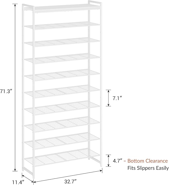 10 Tier Shoe Rack Organizer for 40-50 Pairs, Tall Metal Shoe Storage Shelf with Wood Top, Adjustable Boot Space, Narrow Design for Entryway Closet,White
