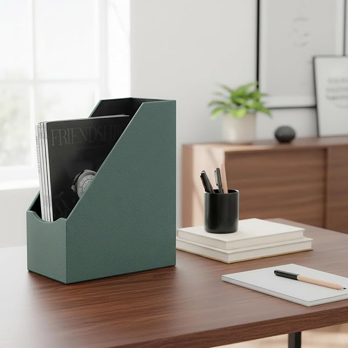 UnionBasic Magazine File Holder, Leatherette Desktop Document Organizer, Home Office Paper Holder File Storage Literature Sorter, Dark Ivy