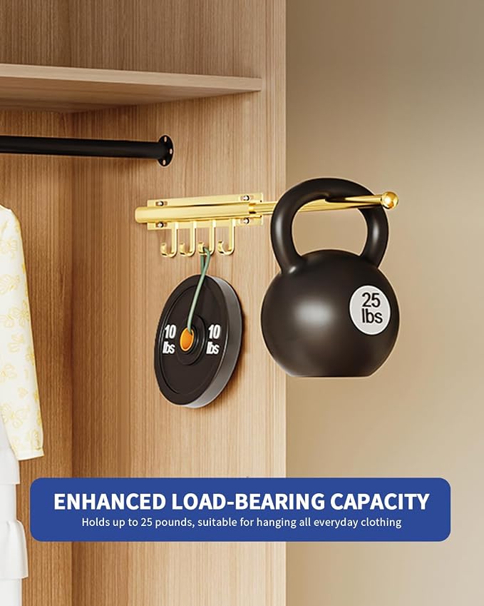 BaiNong Valet Rod for Closets Pull Out 12" Gold with 4 Hooks (2Pack) | Closet Valet Rod Slide Out for Closets, Laundry Rooms, RVs Space-Saving