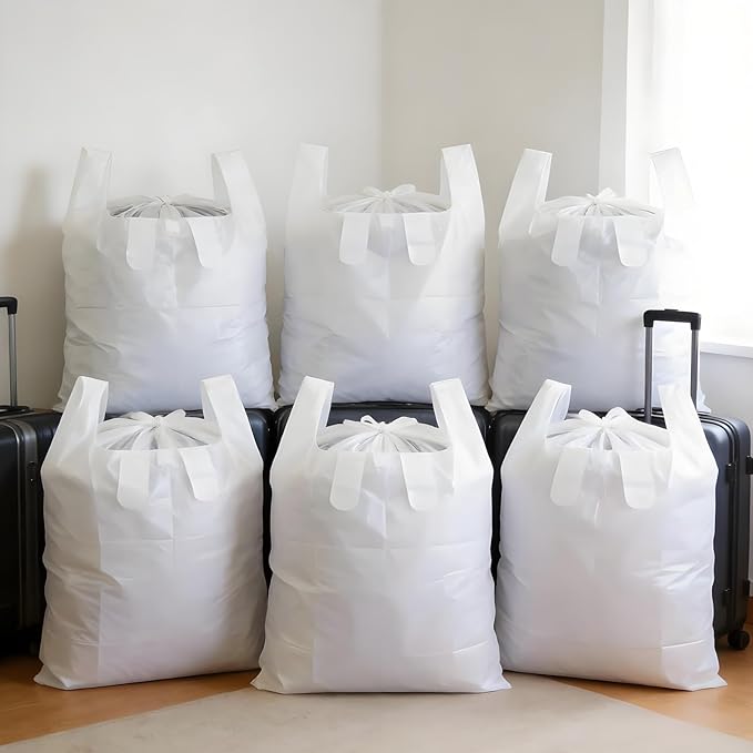 Moving Bags, 10 Pack Extra Large 200L 31" x 12" x 40" T-shirt Bags, 35 Microns Thick Heavy Duty Clothes Quilt Storage Carrying Bags - Milky