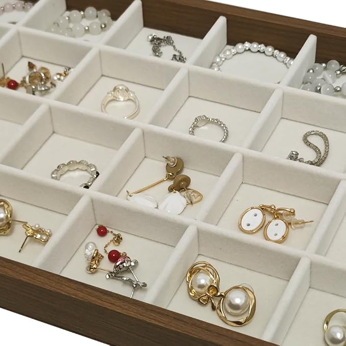 Large Jewelry Trays for Drawers Stackable Velvet Jewelry Display for Vendors Jewelry Drawer Organizer Inserts for Rings Necklace Bracelets Earrings and Studs Earrings (Beige, 24 Grid)