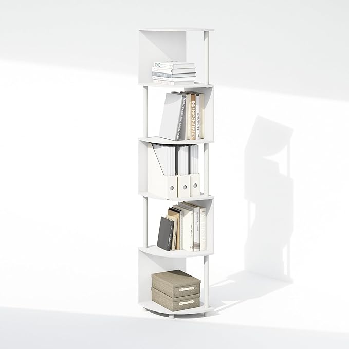 Furinno Basic Book Shelf, 5-Tier Bookshelf, Bookcase with Zigzag Corner Shelf, 14.2 x 14.2 x 71.2, for Living Room, Bedroom, Home Office, White/White