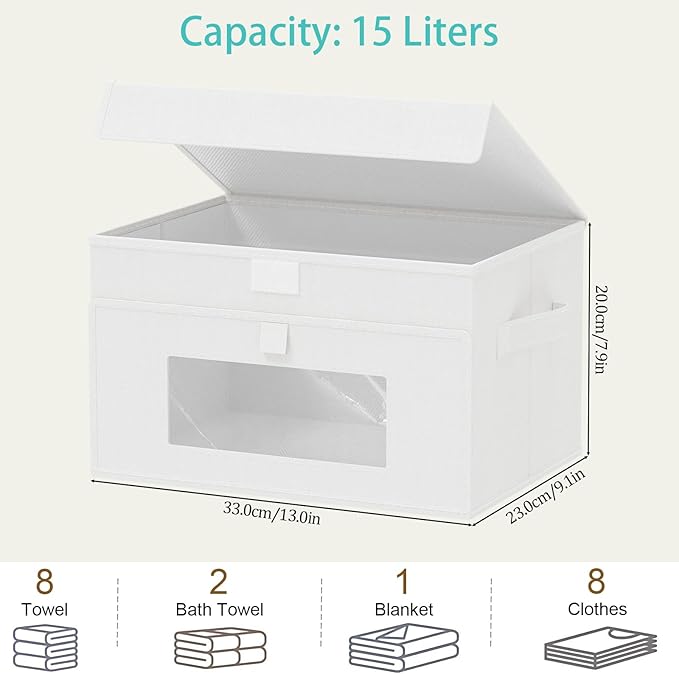Storage Bins with Lids, Cube Organizer Basket with Window, Closet Boxes with Carrying 2 Handles and Sturdy PP Support Plate, 2 Pack, White, 13 x 9 x 7.9 In, XSNY17WM-2