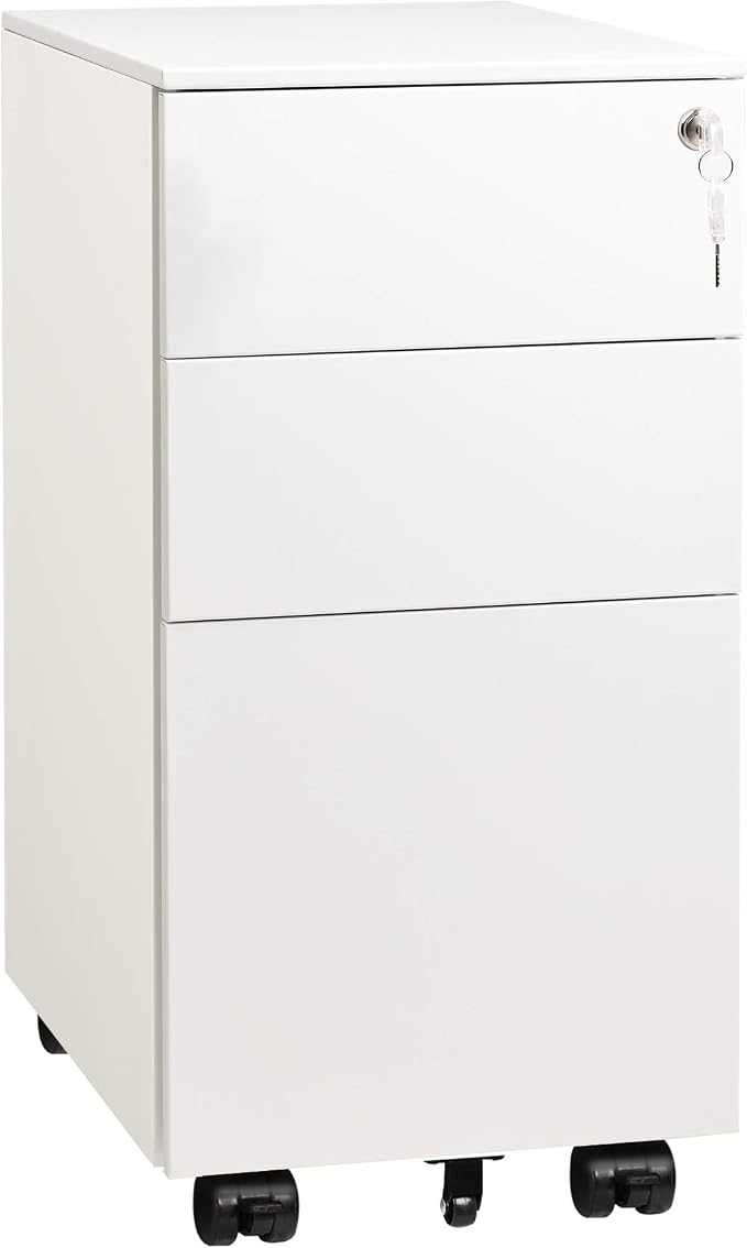 DEVAISE Slim File Cabinet with Lock, 3 Drawer Mobile Filing Cabinet for Legal/Letter/A4 Size, Fully Assembled Except Wheels, White