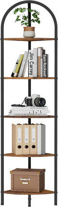 Homhedy 5-Tier Arched Corner Shelf Stand, Wall Corner Bookshelf | Metal Frame, Plant Stand, Industrial Storage Rack Shelf for Living Room, Bedroom, Office, Bathroom, Rustic Brown