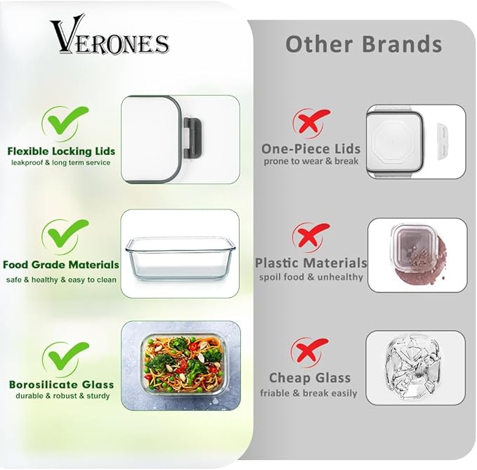 VERONES 12 Packs and 10 Pack 22OZ Glass Food Storage Containers Set, Glass Meal Prep Containers, for Microwave, Oven, Freezer & Dishwasher Friendly