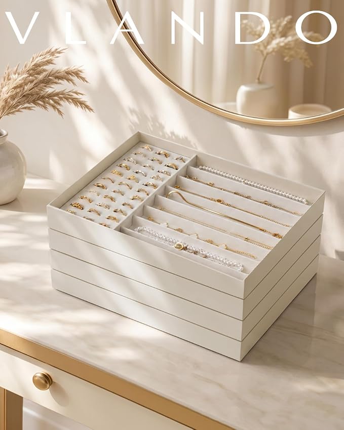 VLANDO Stackable Jewelry Tray, Drawer Organizer for Rings Necklaces,Beige | Ring Slots, Long Sections, Vanity Storage, Keeps Chains, Earrings, Pendants Tidy, Gift for Women Girl