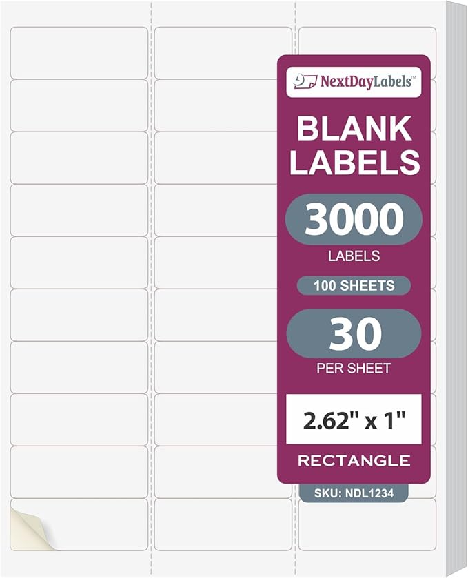 NextDayLabels 2.63x1 Inch Rectangle Stickers White Blank Labels for Laser Inkjet Printer - 30 Per Sheet Self-Adhesive Address Mailing Name Tags Made in USA - 3000 Labels