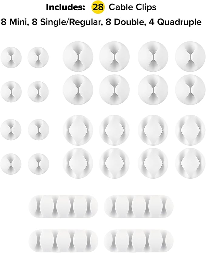 Wrap-It Storage Cable Clips - (Assorted 28-Pack) White - Desk and Nightstand Cable Holder for Phone and Bedside Table Cord Organizer