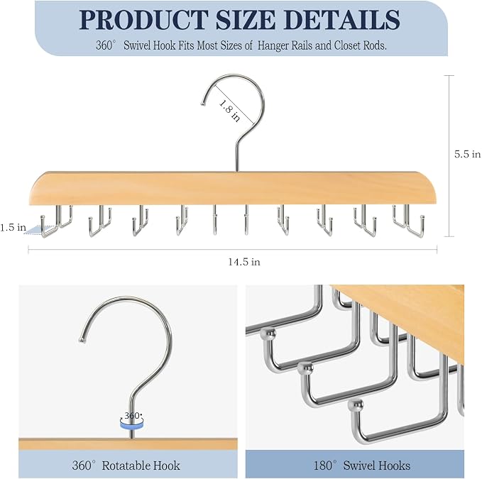 2PC Tie Rack Organizer, Tie Hanger for Closet with 20 Foldable Hooks, Wood | Non Slip Neck Tie Organizer, Large Capacity, Space Saving, 360° Rotating Hook, Fits for Tank Tops Bras Cami Scarves