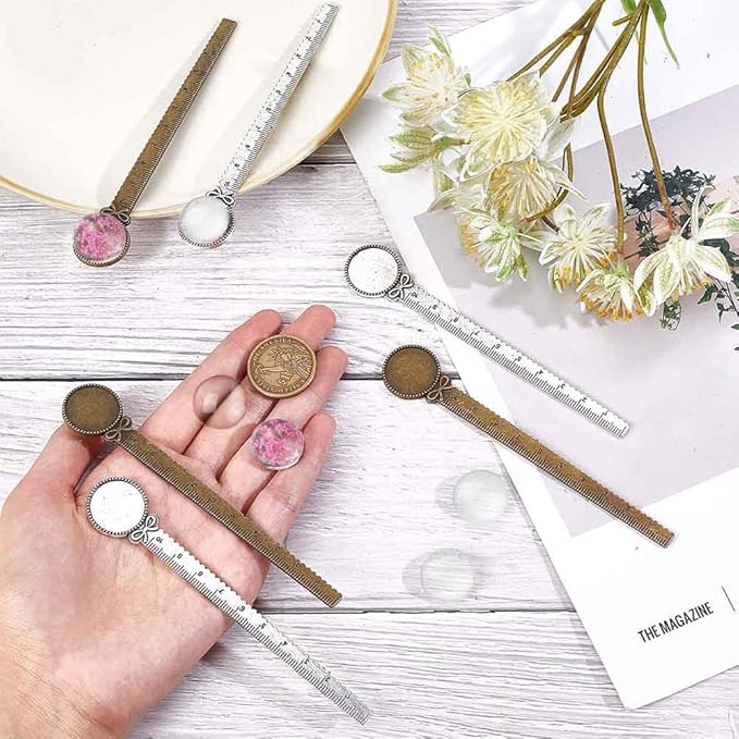 SUNNYCLUE 12Pcs DIY 6 Sets Antique Bronze Bookmark Silver Ruler Bookmarks Set Colorful Dried Flowers Glass Flat Back Cabochons Bookmark Blanks Bezel Tray Vintage Book Marks Making Kit for Reading