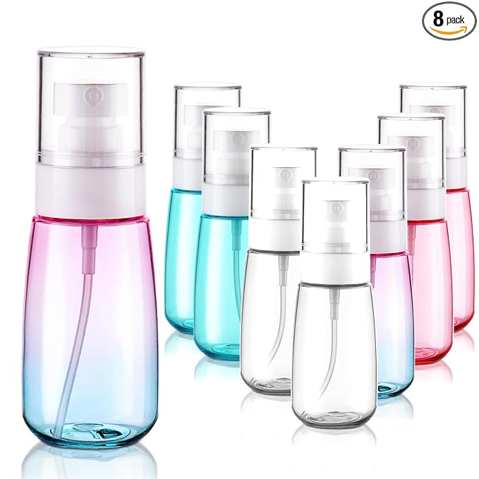 Cosywell Fine Mist Spray Bottles TSA Approved 2oz 60ml 8 Pack Leak Proof Travel Spray Bottle Empty Small Spray Bottles for Perfume Essential Oils Toners Rose Water Cosmetics (8PCS-4Colors)