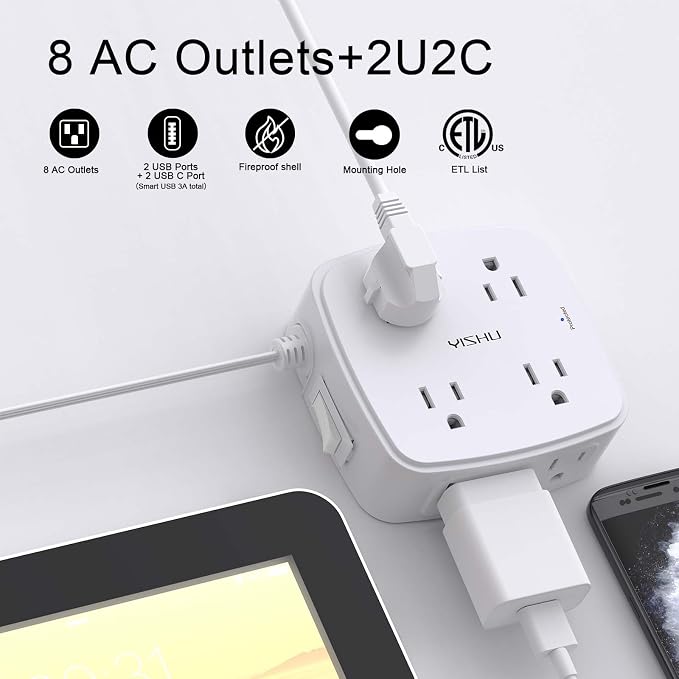 10 Ft Surge Protector Power Strip - YISHU 8 Widely Outlets with 4 USB Ports, 3 Side Outlet Extender with 10 Feet Flat Extension Cord, Ultra Flat Plug, Wall Mount, Desk USB Charging Station, ETL, White
