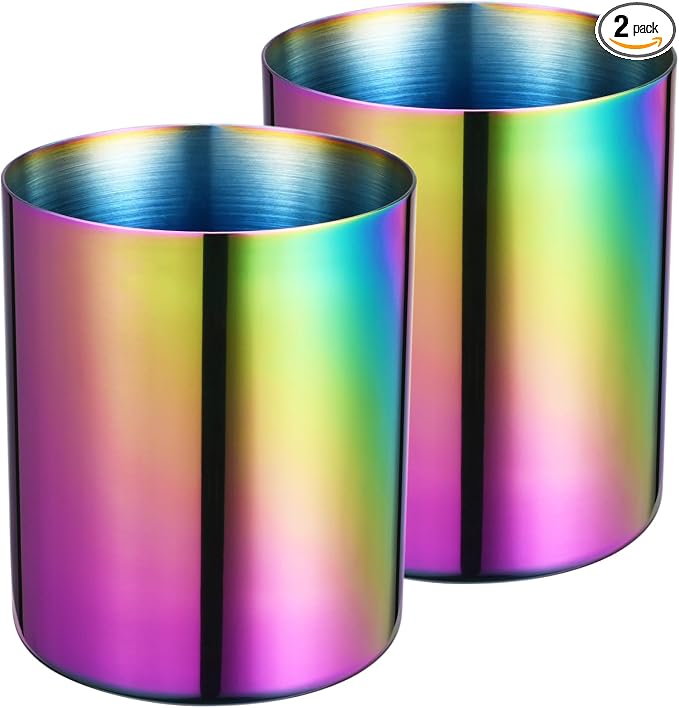 Aurora Rainbow 304 Stainless Steel Pen Holder & Pencil Cup, Metal Desk Caddy & Desktop Stationery Organizer, Mirror Finish & Vacuum Plating(2-Piece Set)