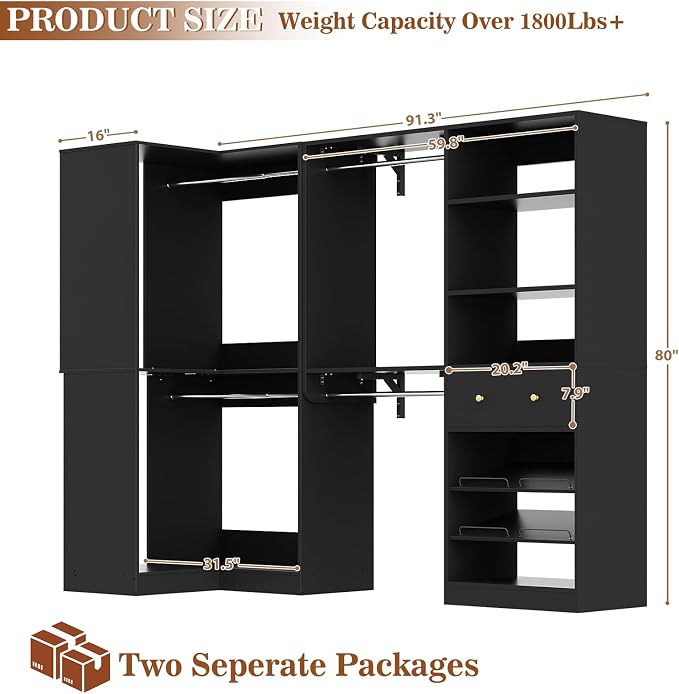 Armocity Closet System Set of 2 - Corner Closet Organizer System with Drawer/9 Shelves/4 Hanging Rods, 91.3" L-Shaped Walk-In Wardrobe Organizer, 1800+ lbs Capacity, Black