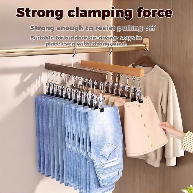 Wooden Closet Organizer Hanger with 12 Clips, Space Saving Hanging Organizer for Hats Scarves Jeans Skirts Socks Pants, 15 Inch, 360° Swivel Hook (1, Brown)