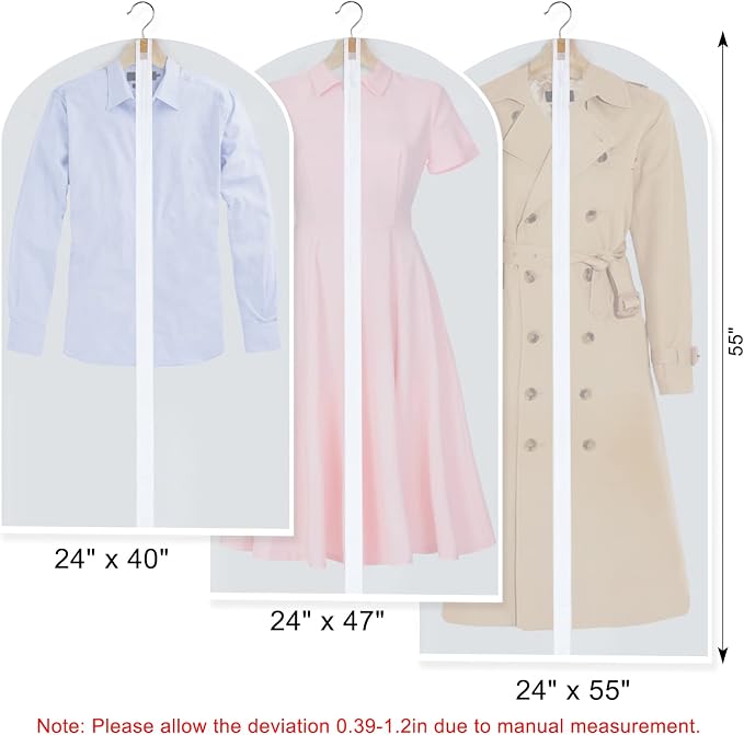 Clear Garment Bags for Hanging Clothes, Set of 12 Suit Bags Dust-Resistant Clothes Cover Bags PEVA Breathable Clothes Protectors with Full Zipper for Closet Storage, 24” x 40”/47”/55”