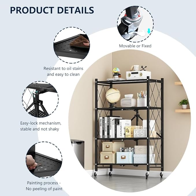 28.5" L x 14.2" W x 46.1" H Foldable 4-Tier Garage Storage Shelves with Wheels, Metal Shelving Unit, Utility Steel Shelf for Warehouse, Pantry, Basement & Garage