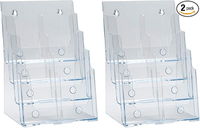 Azar Displays, 252377, Clear Four-Tier Eight-Pocket Trifold Brochure Holder, Document Holder Desk Organizer for Countertop or Wall Mount Menu Holder Display Stand for Flyers, Leaflets and Pamphlets