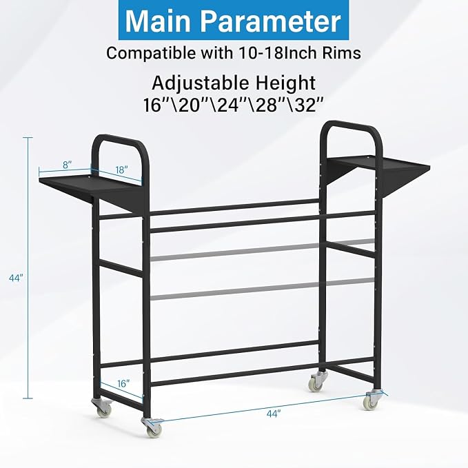 Tire Storage Rack 57" x 55.1" x 20" w/Anti-dust Cover | Adjustable Rolling Tire Rack for Garage Black w/4 Swivel Casters & 2 Storage Shelf for Garage Storage
