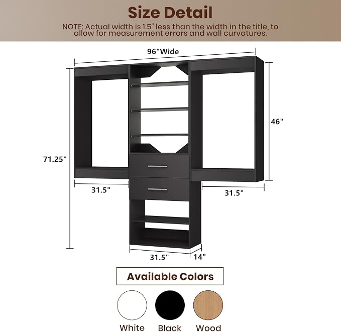 ROOMTEC Modular Closet System, 96" Wall Mounted Closet Organizer with Hanging Rods and Drawers, Wooden Tower for Walk-In Closets, Wardrobe Storage Kit, Black