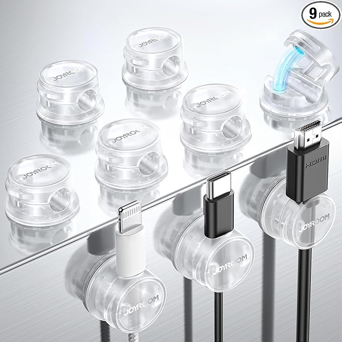 9 Pack Magnetic Cable Clips [Cable Smooth Adjustable] Cord Holder, Under Desk Cable Management, JOYROOM Adhesive Wire Holder Keeper Organizer for Home Office Desk Phone Car Wall Desktop Nightstand