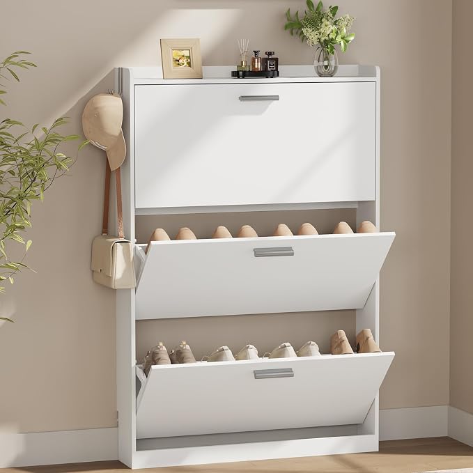 Shoe Cabinet Organizer with 3 Flip Drawers, Freestanding Shoe Rack Cabinet, 31.5" W × 6.3" D × 47.2" H Narrow Shoe Cabinet Storage for Entryway, Foyer, Hallway, White