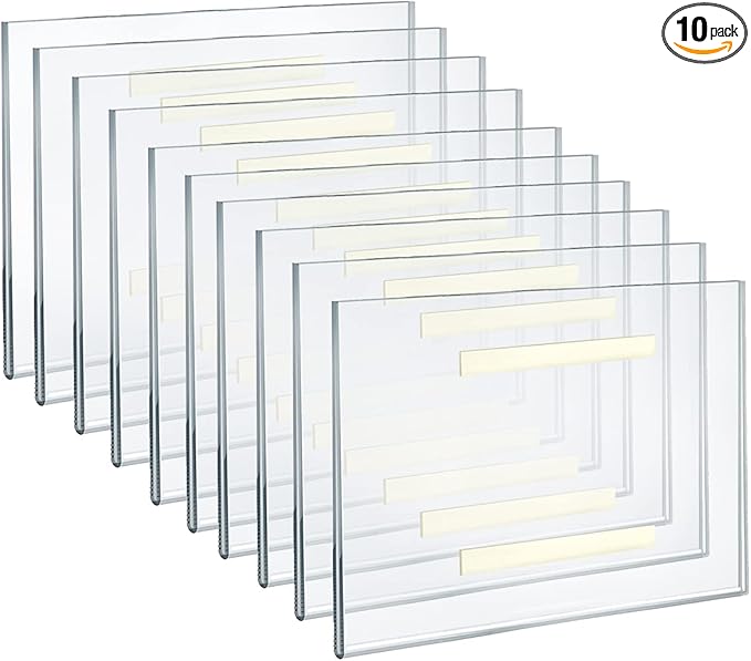Azar Displays 122026 Self Adhesive Clear Acrylic Wall Sign Holder Frame 10" W x 8" H Landscape/Horizontal, 10-Pack