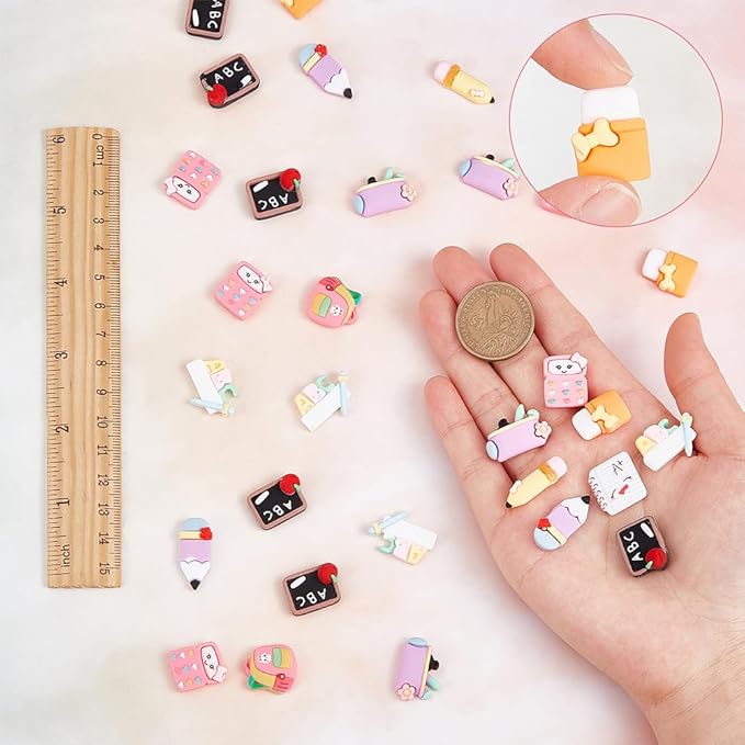 SUNNYCLUE 100Pcs 10 Styles School Cabochons Resin Charms Back to School Supplies Pencil Eraser Blackboard Ruler 3D Cabochons for Embellishments Flat Back Scrapbooking Hair Clips DIY Crafts for Adult